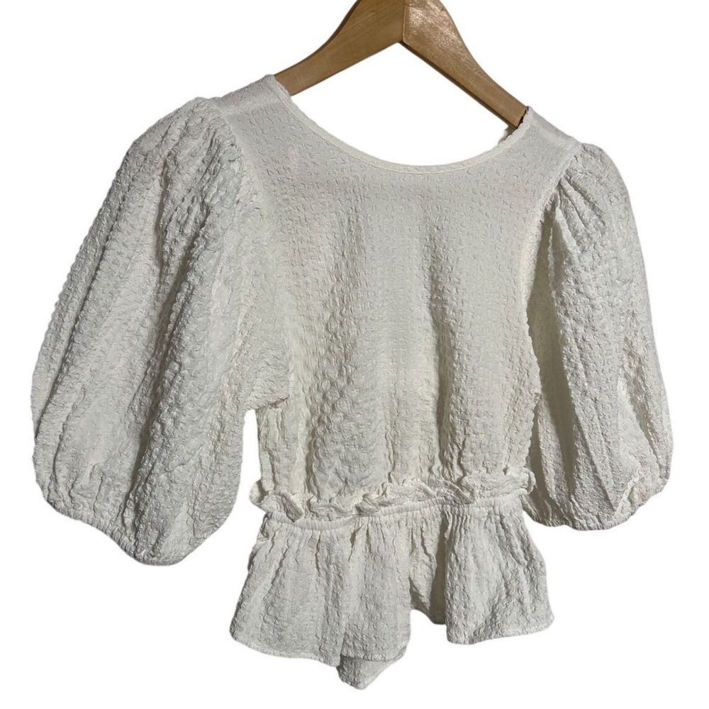 Free People White Textured Puff Sleeve Peplum Tie Front‎ Blouse Top XS